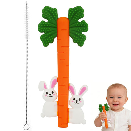 Fu Store Easter Bunny Carrot Hollow Teether Tube Chew Straw Sensory Toy for Infant Toddlers Silicone Rabbit Tubes Teething Toys for Babies 0-6 0-12 0-36 Months Gifts Teething Relief Soothing Gums