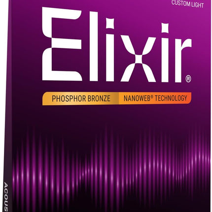 Elixir Strings, Acoustic Guitar Strings, Phosphor Bronze with NANOWEB Technology, Longest-Lasting Rich and Full Tone For Life with Comfortable Feel, 6 String Set, Custom Light 11-52