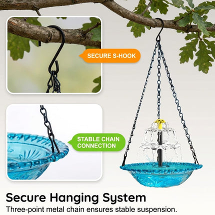 Solar Cascade Hanging Bird Bath Fountain, New Hanging Bird Bath with Flowing Water, Bird Bath Fountain Decorative Garden Yard Patio for Outdoor (Blue)