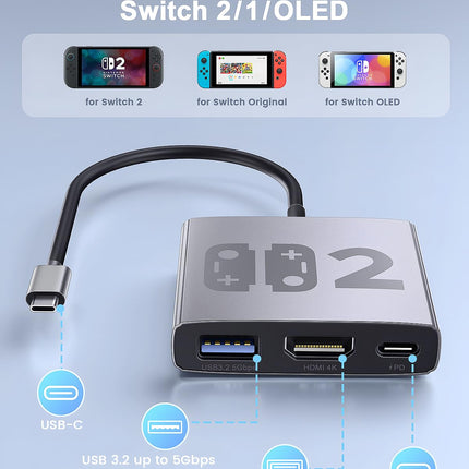 Aluminum Alloy 3-in-1 Switch 2 Dock, Bemkiru Portable Travel Dock for Nintendo Switch 2/Switch/OLED/ROG Ally/Legion GO, Switch 2 TV Docking Station Adapter with HDMI 4K@60Hz, USB 3.2 and PD 100W