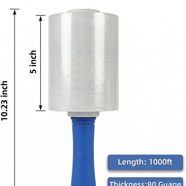 6 Pack Clear Stretch Film Wrap with Handles, 5 in x 1000 ft, 80 Gauge
