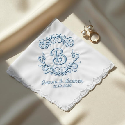 Personalized Wedding Handkerchief, Embroidered Bridal Hankie, Monogrammed Cotton Scalloped Edge White Handkerchief, Gift for Bride
