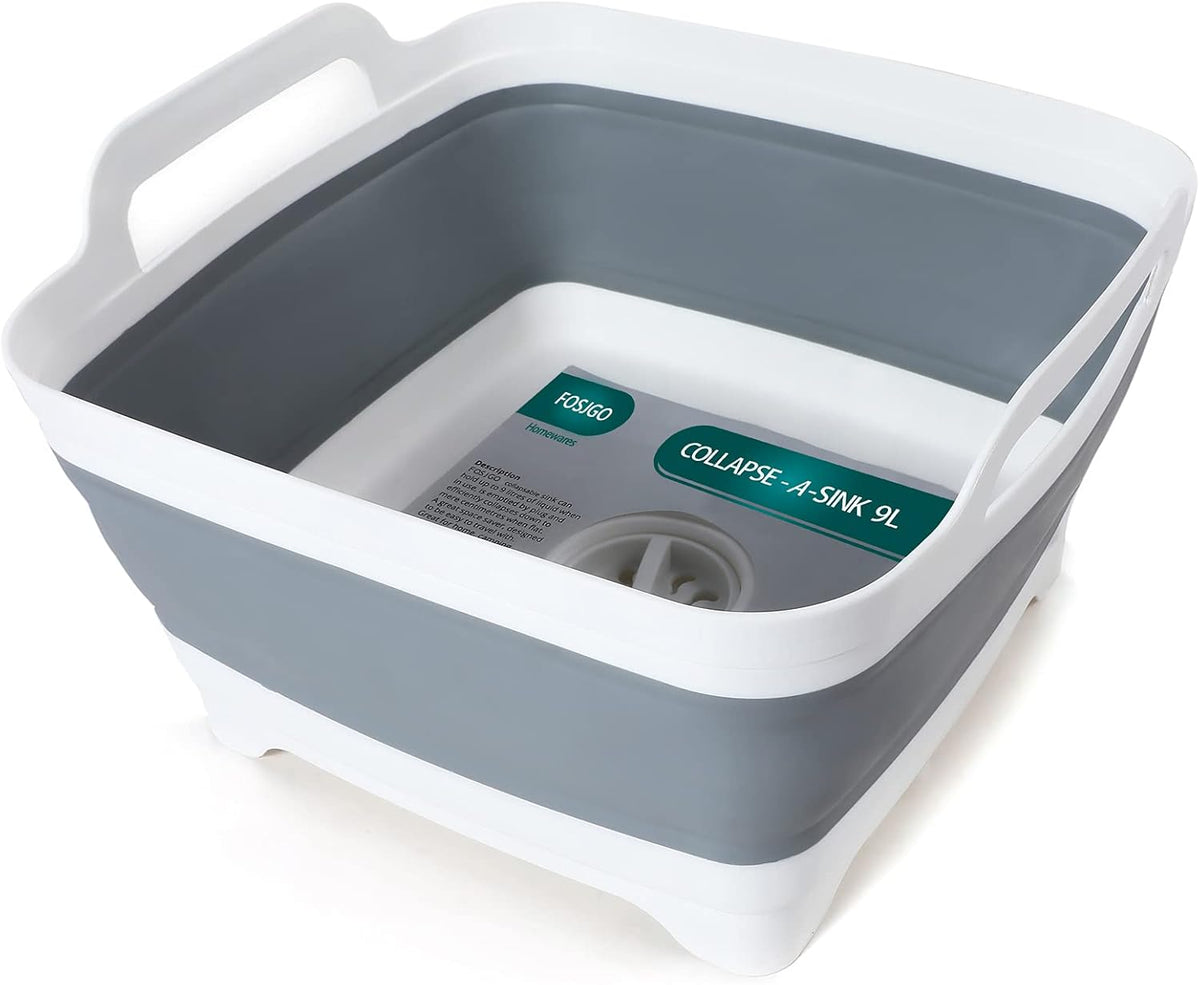 Collapsible Dish Basin with Drain Plug, 2.4 Gal(9L) Space Saving Multiuse Foldable Sink for Baby Bottles, Kitchen