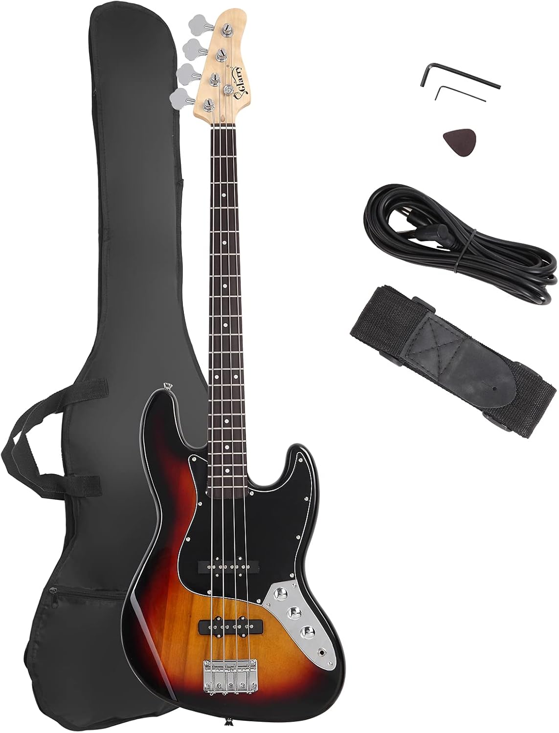4-String Full-Size Right-Handed Electric Bass Guitar with Bag, Amp Cord and Beginner Kit - Sunset