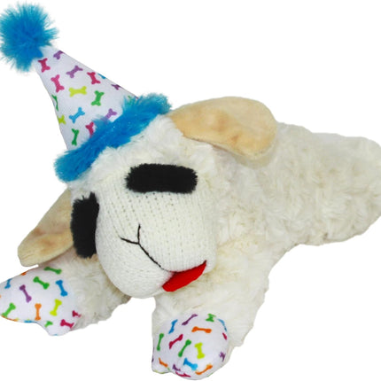 Multipet Lamb Chop Dog Plush Toy w/Birthday Hat - Squeaky Toy for All Dogs - Extra Soft Plush - Stuffed Animal for Cuddling & Playing (10.5", Blue Hat, 5 Squeakers)