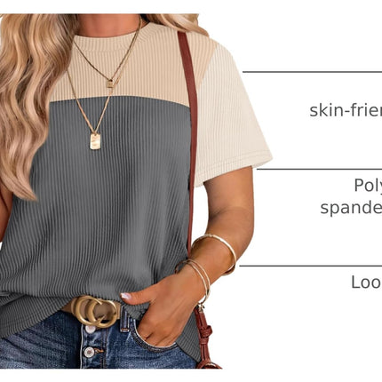 Womens Fashion 2026 Color Block Shirts Short Sleeve Knitted Summer Fall Tops Casual Trendy