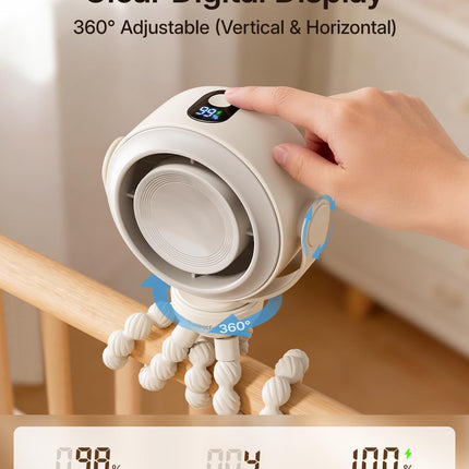 SWEETFULL Portable Stroller Fan, Pinch-Proof Baby Fan, 10H Battery, 5-Speed Quiet Mini Clip on Fan, USB-C Rechargeable with LED Display for Car Seat, Crib & Travel - Cream