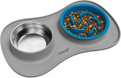 3-in-1 Stainless Steel Slow Feeder Dog Bowl Set