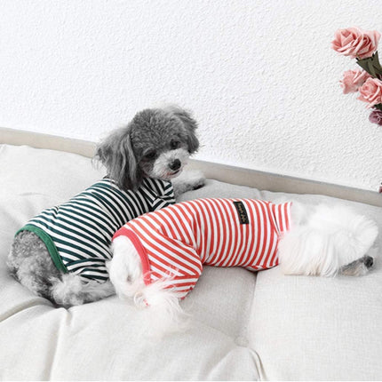 Hdwk&Hped Soft Cotton Dog Pajamas for All Seasons, Striped Pet Bottoming Jumpsuit for Small Dog Cat Puppy (#3, Striped Style - 2-Pack(red&Dark Green))