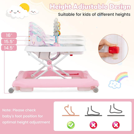 BABY JOY Baby Walker, Foldable Activity Walker with Adjustable Height, Large Tray & Removable Toys, Baby Walker with Wheels for Boys Girls 6-12 Months (Pink)