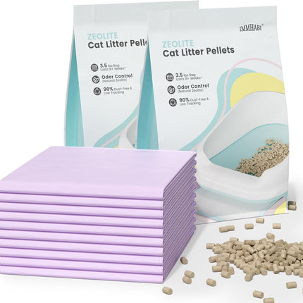 Basic Zeolite Cat Litter Pellets 7lbs & Cat Pee Pads 10 Count - Refill for Tidy Cats Breeze Litter System | Premium Stainless Steel Shifting Tray