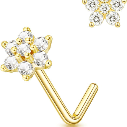 Nose Rings Studs for Women, 20G Gold Silver Nose Studs Hypoallergenic Surgical Steel Nose Ring L Shaped Small Diamond Nose Rings Cute CZ Star Flower Butterfly Nose Stud Nostril Piercing Jewelry