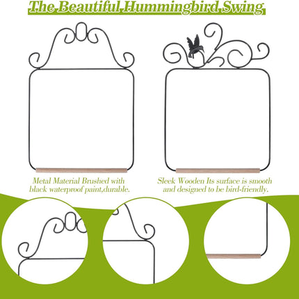 2 Pack Hummingbird Swings, Black Metal Frame Hummingbird Swings with Wooden Dowel Wild Bird Swing Outdoor Bird Perch with 2Pcs Hanging Chain for Hanging Indoor Outdoor Trunk Lawn Patio Garde