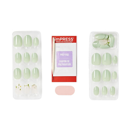 Kiss Impress No Glue Mani Press On Nails, Design, 'Velvet Bunny', Green, Short Size, Oval Shape, Includes 30 Nails, 1 Mini File, 1 Prep Pad, 1 Manicure Stick, Instruction Sheet