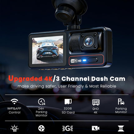 3 Channel Dash Camera for Cars,Triple Lens 4K+1080P+1080P Dash Cam Front Rear Inside,Built-in 5G WiFi & App, Night Vision,24H Parking Mode,Loop Recording,170° Wide Angle,32GB Card Included(Black)