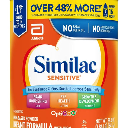 Similac Sensitive Infant Formula, for Fussiness & Gas Due to Lactose Sensitivity, Baby Formula Powder, 29.8-oz Value Can