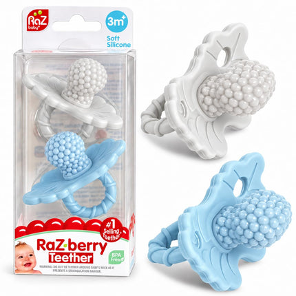 Silicone Teether Pacifier – Teething Relief for Infants, Food-Grade, BPA-Free, Hands-Free, Natural Berrybumps Fruit Texture for Sensory Development, Freezable, 2-Pack - Red & Blue
