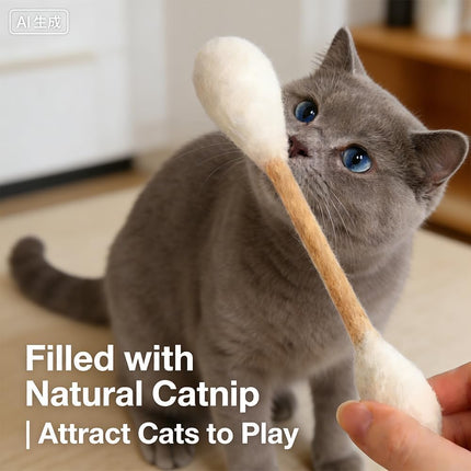 Cotton Swabs Cat with Catnip, 6 Pk Giant Kitten Chew Sticks for Indoor Boredom, Durable Dental Teething Ropes, Big Interactive Felt Kitty Kicker Play Lover Gift Accessories (Beige)