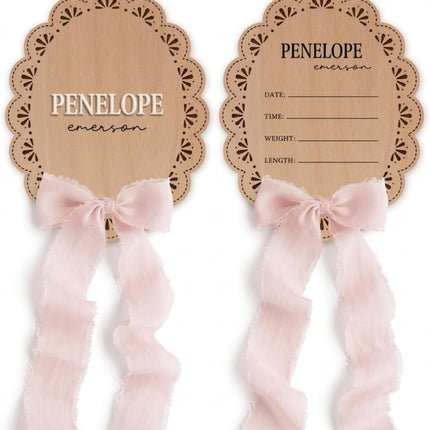 Personalized Wooden Baby Announcement Sign with Chiffon Bow - Custom Birth Stats Name Plate for Newborn Hospital Photo Prop - Nursery Wall Decor & Keepsake - 5, 6, 8, 10 Inch (05 - scalloped lace)