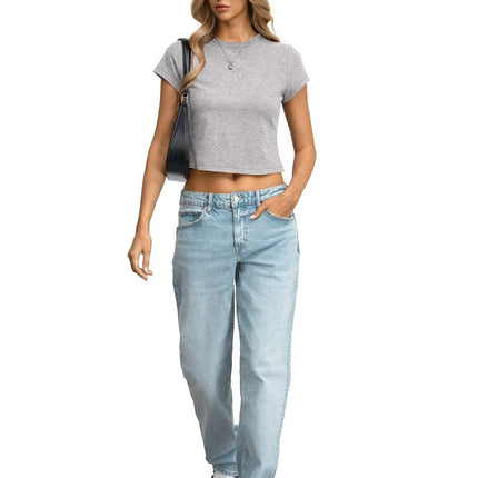 Womens Cotton T Shirts Short Sleeve Crop Tops Slim Fit Baby Tees