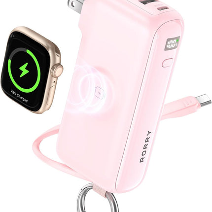 RORRY Flow Portable Charger, 10000mAh 40W Fast Charging Power Bank with Built-in USB C Cable and Foldable Wall Plug, Battery Pack Travel Essentials for iPhone 17/16/15, Apple Watch, iPad, MacBook