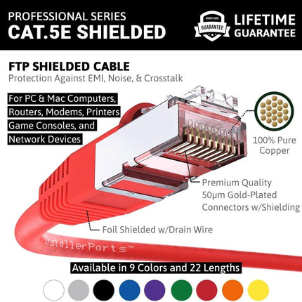 InstallerParts (10 Pack Ethernet Cable CAT5E Cable Shielded (FTP) Booted 12 FT - Red - Professional Series - 1Gigabit/Sec Network/Internet Cable, 350MHZ