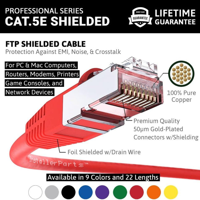 (10 Pack Ethernet Cable CAT5E Cable Shielded (FTP) Booted 12 FT - Red - Professional Series - 1Gigabit/Sec Network/Internet Cable, 350MHZ