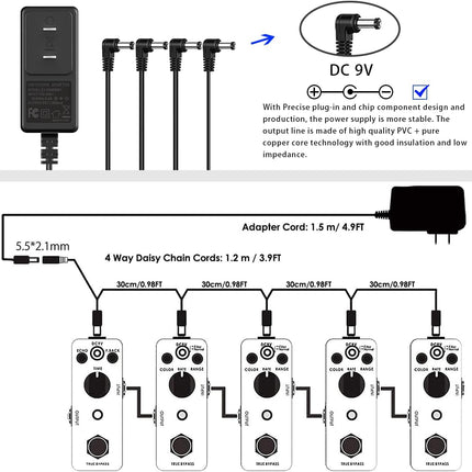 JOYO DC 9V Guitar Pedal Power Supply (800mA -1A) AC Wall Charger Adapter with 4 Way Daisy Chain Pedal Cables (8.8 FT), Compatible for Most Effect Pedals (Tip Negative)