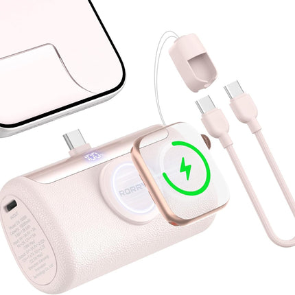 Portable Charger, 10000mAh PD 22.5W Fast Charging Mini Power Bank with Built-in USB C Connector, 3-in-1 Battery Pack for iPhone 17/16/15 Pro/Max, Apple Watch Ultra/11/10/SE, iPad, Pink