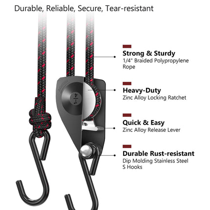 Ratchet Tie Down Straps, 1/4" Adjustable Rope Hangers 4 Pack, 12FT Tie-Down