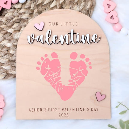 Baby's First Valentine's Day Footprint Art, Personalized Wood Keepsake (Design B)