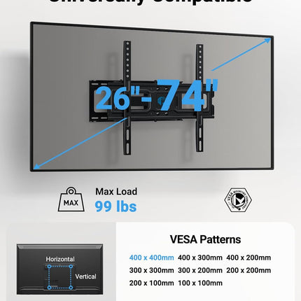 Pipishell TV Wall Mount for 26-74 inch LED LCD OLED 4K TVs up to 99lbs, Full Motion TV Mount Bracket Articulating Swivel Extension Tilting Leveling Max VESA 400x400mm, Fits 12/16 Inch Wood Studs