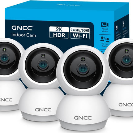 GNCC 2K Cameras for Home Security-2.4/5Ghz WiFi Indoor Camera with 360° Motion Detection for Pet/Baby/Nanny/Dog 2-Way Audio, Night Vision, 24/7 SD Card Storage, Cloud Storage, Works with Alexa, 4 Pcs