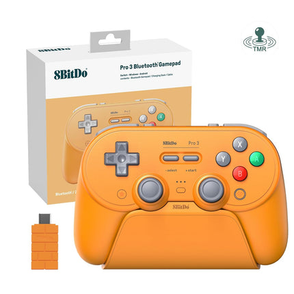 8BitDo Pro 3 Bluetooth Controller for Switch/Switch2,Windows, Apple, SteamOS, Android, TMR Joysticks, Swappable ABXY Buttons, programming Pro Back Buttons, Charging Dock, Hall Effect Triggers - Orange