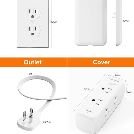 Olcorife Flat Outlet Extender with Cover, Flat Plug Power Strip with 6 AC Outlets, 2000 Joules Surge Protector, 3FT Flat Extension Cord, Home Office Travel Dorm Room Essentials