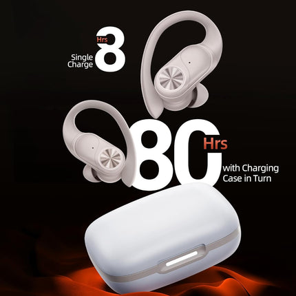 PocBuds Bluetooth Headphones Wireless Earbuds 80hrs Playtime Wireless Charging Case Digital Display Sport Ear Buds with Earhook Deep Bass IPX7 Waterproof Over-Ear Earphones for Phone Laptop Beige