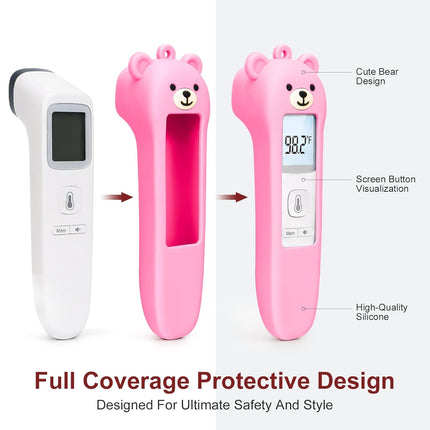 Cute Bear Silicone Thermometer Case Compatible with GoodBaby No-Touch Thermometer, Soft Anti-Drop Protective Cartoon Animal Cover Helps Calm Babies During Temperature Checks - Pink