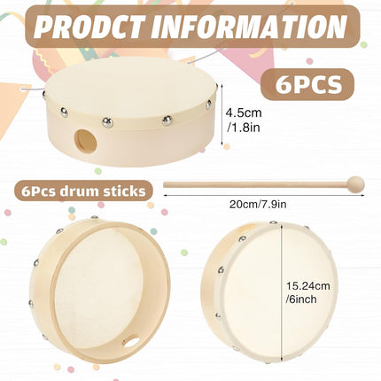 6 Pack 6 Inches Hand Drum Goatskin Drumhead DIY Handpan Wood Frame Drum with Beater Stick for Adults