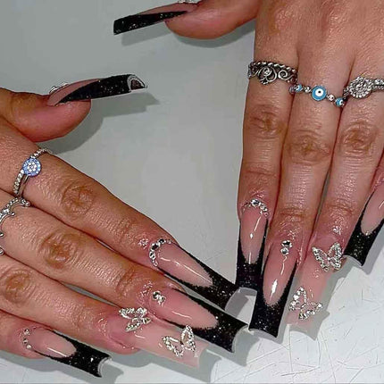Press on Nails Almond Fake Nails with Gold Line Design Glue on Nails Acrylic Nails Glossy Full Cover Stick on Nails for Women 24Pcs