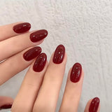 Dark Red Short Fall Press On Nails, Oval Fake Nails
