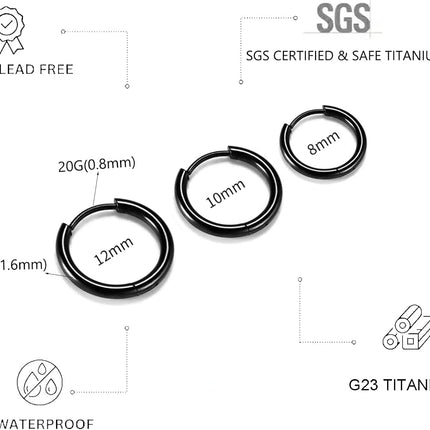Hypoallergenic Titanium Hoop Earrings for Women&Men-8mm 10mm 12mm Small Silver Gold Black Huggie Hoops,Cartilage&Helix Sleeper Earrings for Sensitive Skin