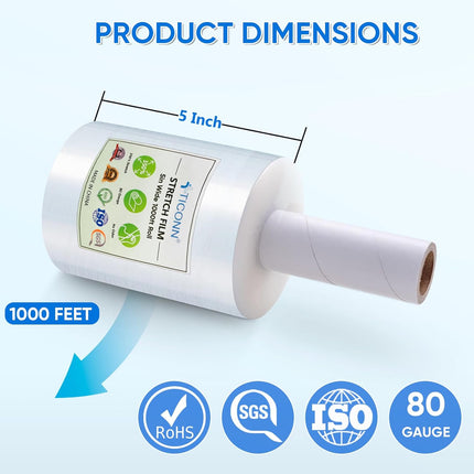 TICONN 2Pk Stretch Wrap Stretch Film Roll, 1000ft Industrial Strength 5 inch Wide Clear Plastic Wrap with Handles for Pallet Wrapping Shipping Moving