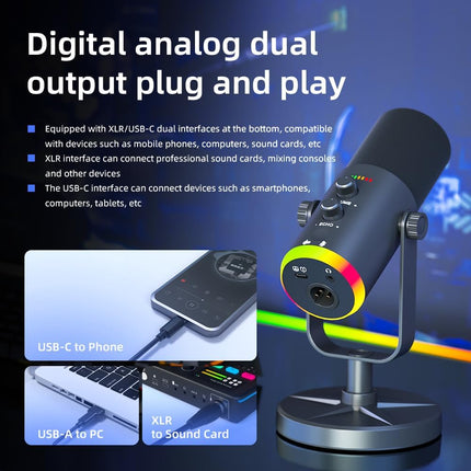 USB/XLR Desktop Dynamic Microphone with RGB Lighting, Noise Reduction, Mute Button & Headphone Jack - Podcast, Gaming, Streaming Mic for PC & Computer (Black)