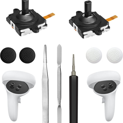 Joystick Replacement Kit for Oculus Quest 2/3 Controller, Repair Kit for Meta Quest 2/3 Controller, Include 2 Joysticks, T5 Screwdriver, Tweezer, Pry Tool, 4 Thumbstick Grips (Black-11-in one)