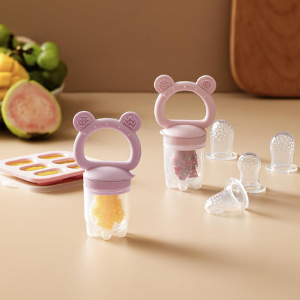 Alimentador de fruta de silicona para bebé 2 piezas con mini bandeja congeladora, moldes de paleta de leche materna para dentición infantil, mordedores de bebé, alimentador de comida fresca para alimentación autónoma segura del bebé - morado