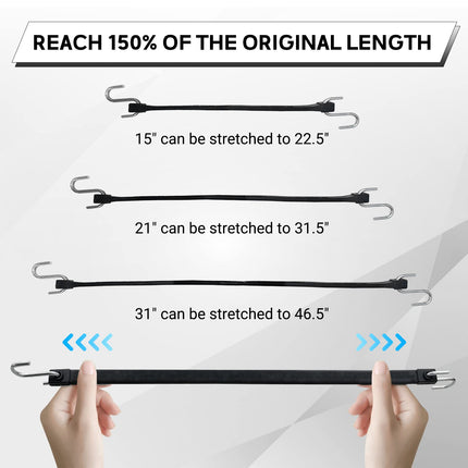 21" Rubber Tarp Straps with 150% Max Stretch, 100% EPDM Bungee Cords with Metal Crimped S Hooks, Ideal for Securing Tarps, Cargo, Canvases, Weatherproof (10 Pack)