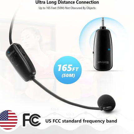 Bietrun Wireless Microphone Headset, UHF Wireless Headset Mic System, 160ft Range,1/8'' and 1/4'' Plug, for Speakers, Voice Amplifier, PA System(Not Supported AUX/iOS)