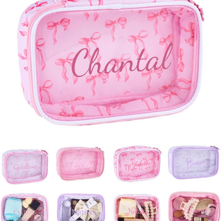 Personalized Cosmetic Bag for Women Girls, Free Custom Waterproof Travel Makeup Pouch with Zipper, Cute Toiletry Bags for Wedding Faver, Birthday Mother's Day Bridesmaid Gifts(Pink and White Bow