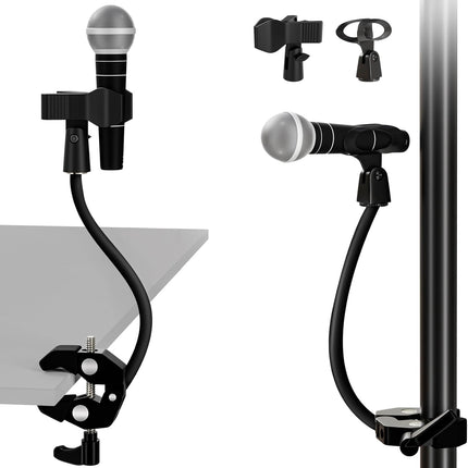 Gooseneck Microphone Stand, Adjustable Microphone Holder with 2 Universal Mic Clips, Gooseneck Mic Stand with 3/8"-16 Adapter for Recording Studio, Live Streaming, Podcast and Broadcasting