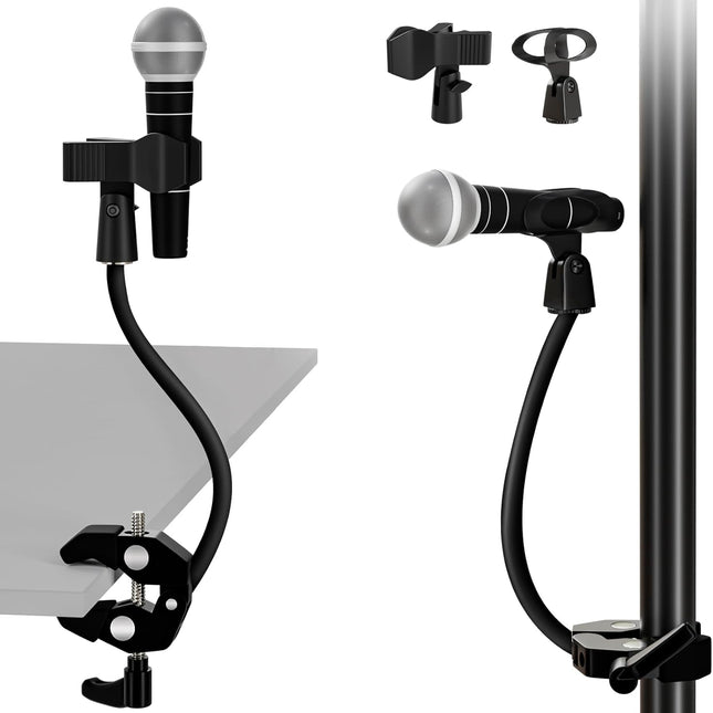 Gooseneck Microphone Stand, Adjustable Microphone Holder with 2 Universal Mic Clips, Gooseneck Mic Stand with 3/8"-16
